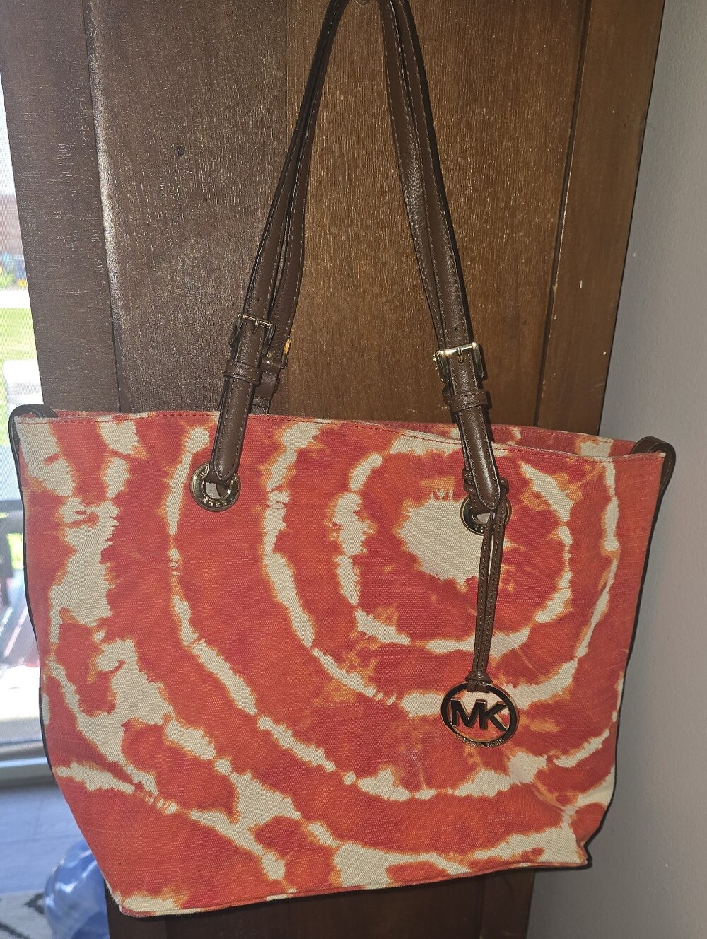 Michael Kors Orange and Cream Tie-Dye Canvas Tote with Brown Straps